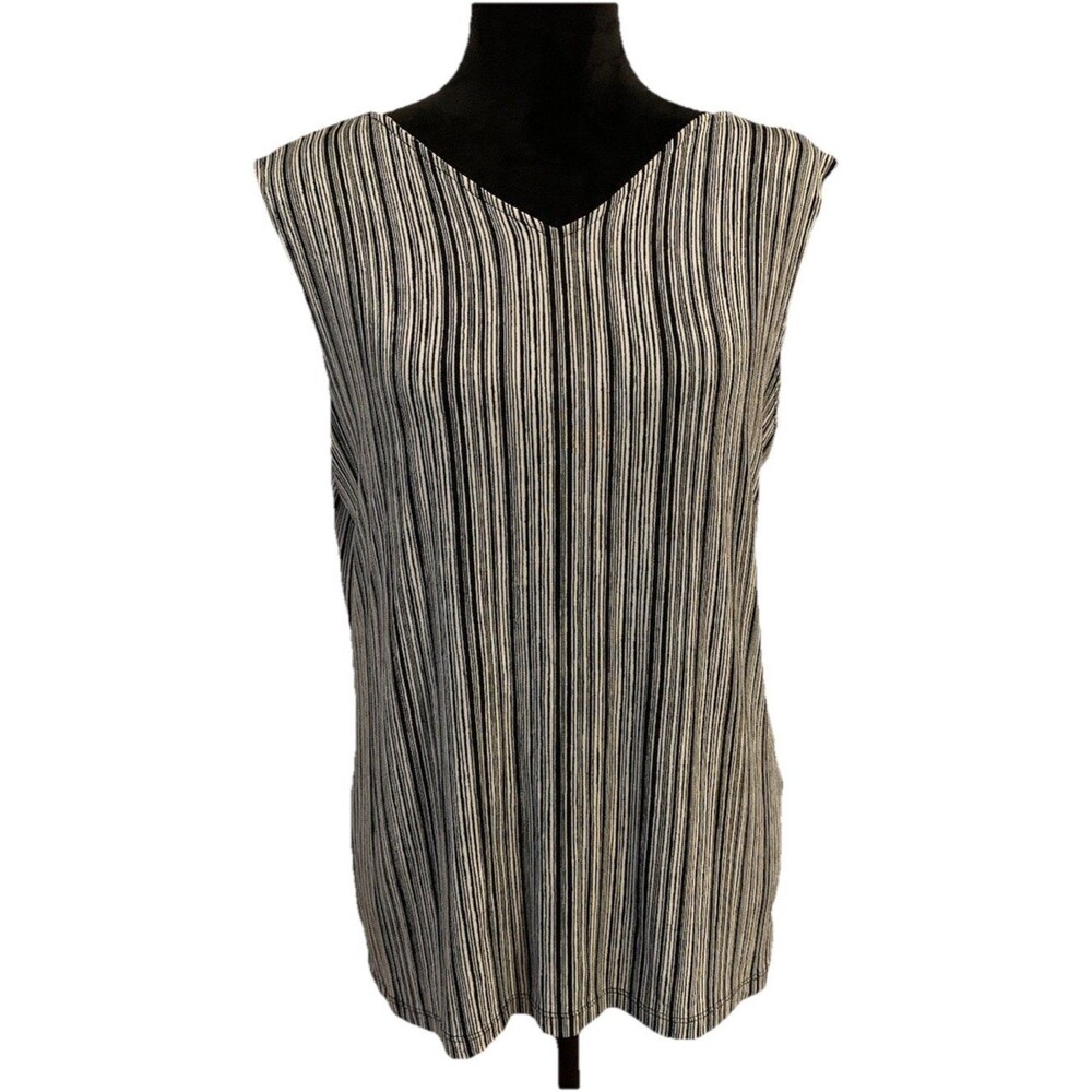 CHICOS TRAVELERS Size 2 Womens Large Top Black White Stripes Acetate V Neck